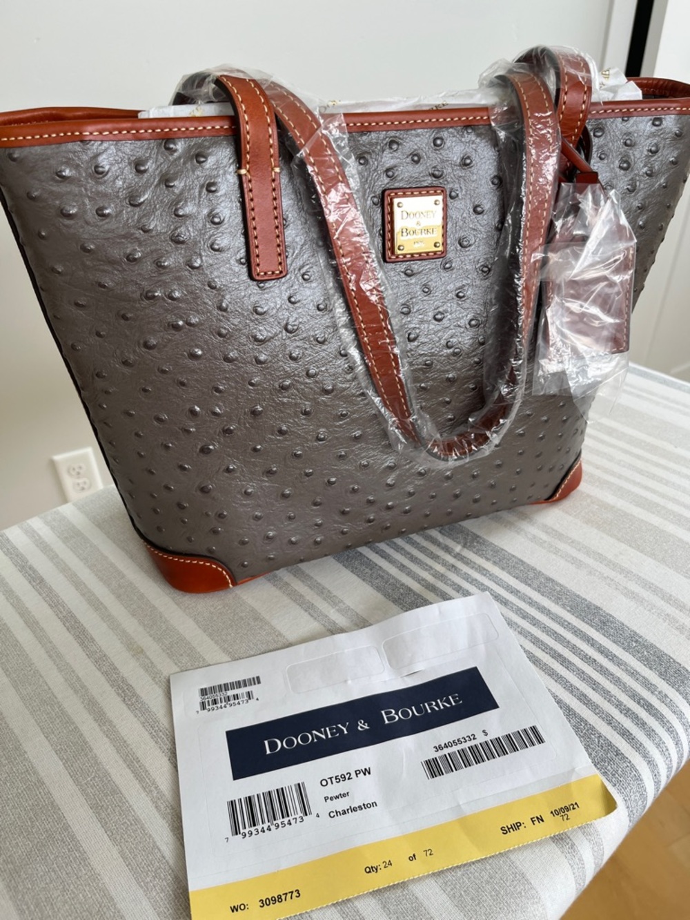 Dooney & Bourke Pewter Charleston Tote with Brown Trim